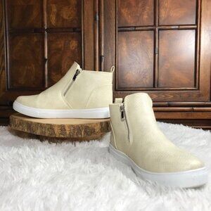 Cream Faux Leather Reptile Embossed Double Zipper Bootie Sneaker